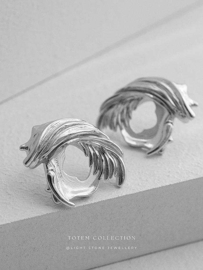 Rhodium Phoenix Feather - Totem - Stud Silver Earrings