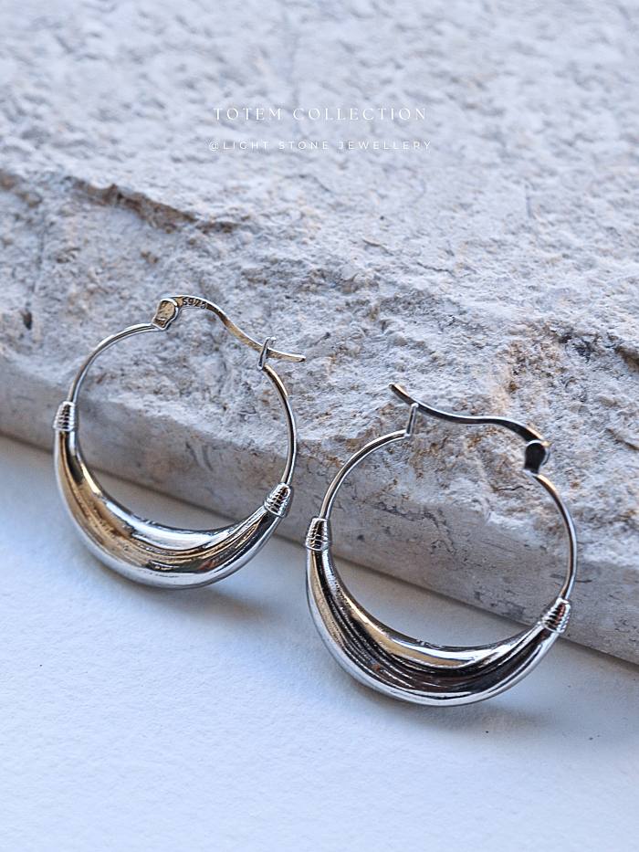 Concave - Totem - Rhodium-Plated - Hoop Silver Earrings