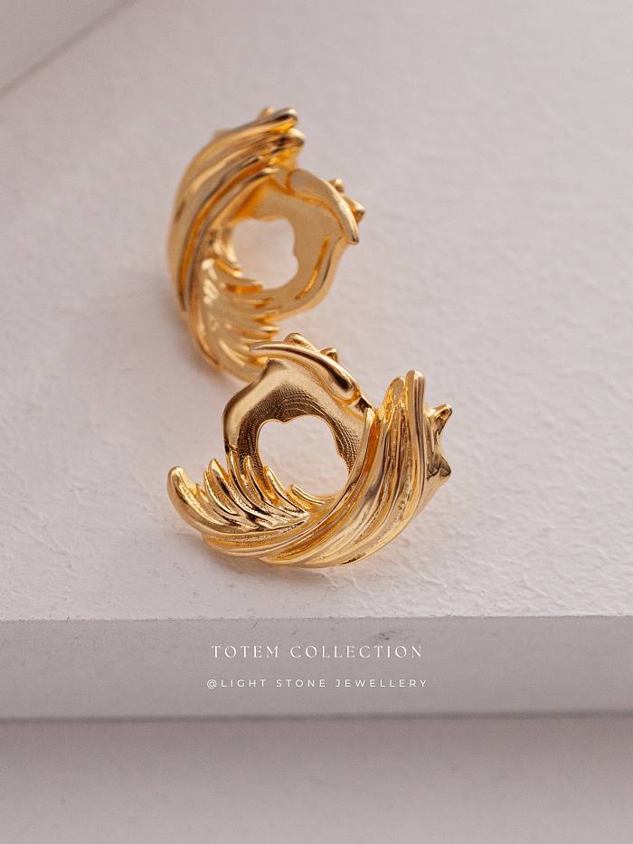 Golden Phoenix Feather - Totem - Silver Stud Silver Earrings