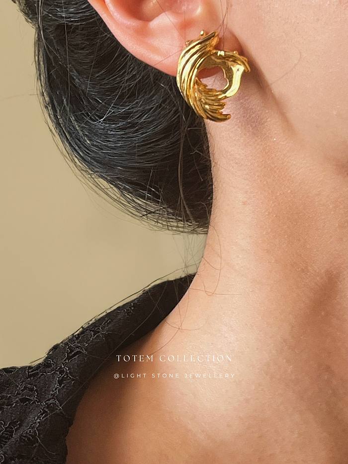 Golden Phoenix Feather - Totem - Silver Stud Silver Earrings