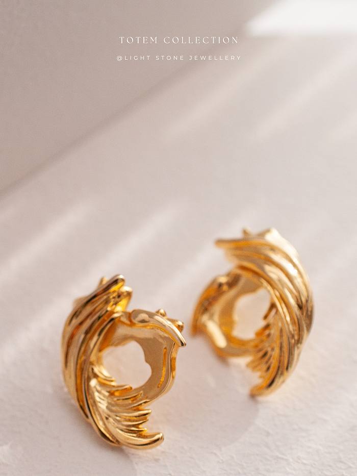 Golden Phoenix Feather - Totem - Silver Stud Silver Earrings