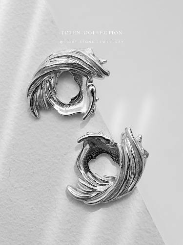 Rhodium Phoenix Feather - Totem - Stud Silver Earrings