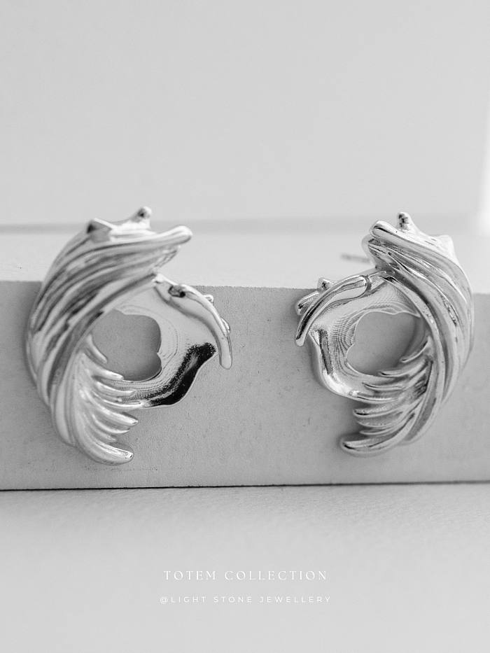 Rhodium Phoenix Feather - Totem - Stud Silver Earrings