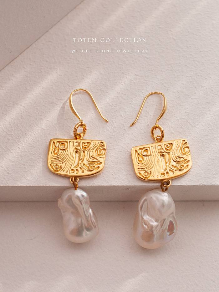 Elegant Golden Phoenix Feather - Totem - Baroque Pearl Silver Earrings