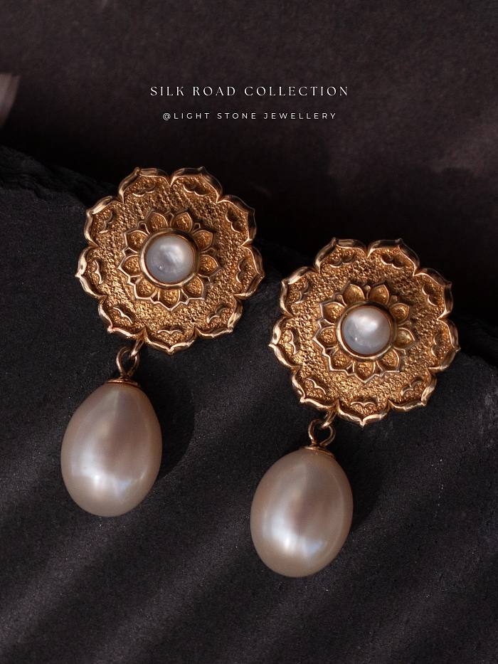 Lotus - Silk Road - Freshwater Pearls - Luxury Sterling Silver Earrings