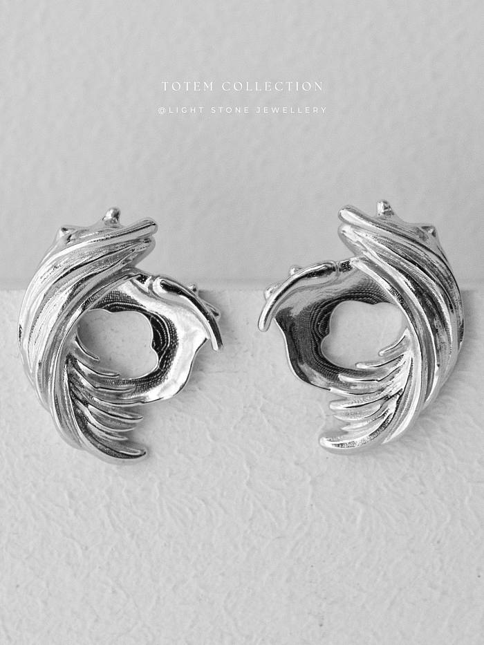 Rhodium Phoenix Feather - Totem - Stud Silver Earrings