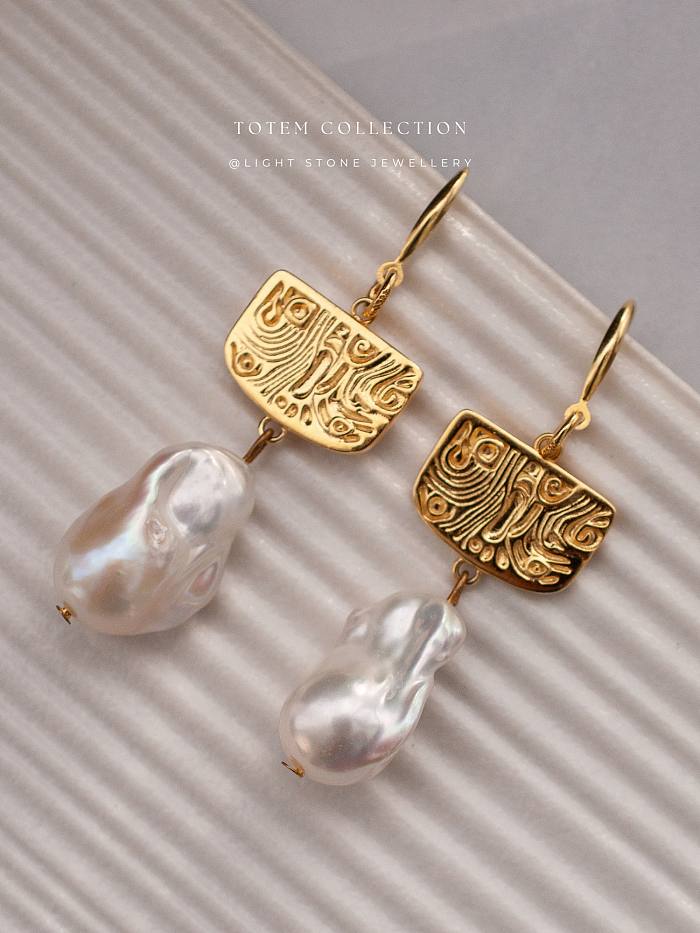 Elegant Golden Phoenix Feather - Totem - Baroque Pearl Silver Earrings