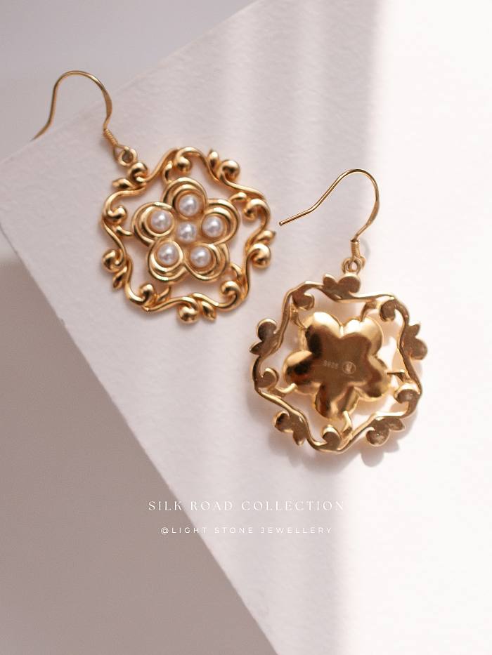 Honeysuckle Flower Hoop - Silk Road - Freshwater Pearls - Luxury Sterling Silver Earrings