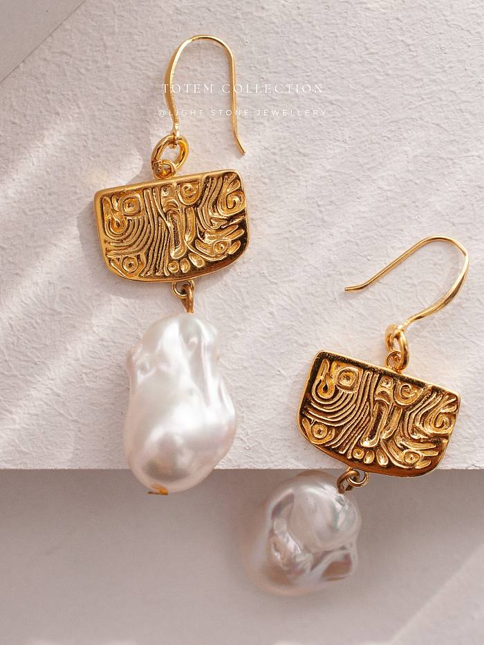 Elegant Golden Phoenix Feather - Totem - Baroque Pearl Silver Earrings