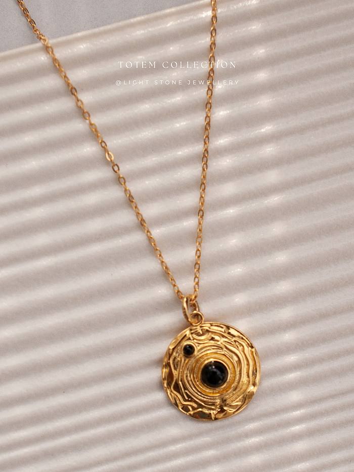 Neolithic Pot Pattern -  Totem - Gold - Plated Silver Necklace with Black Onyx