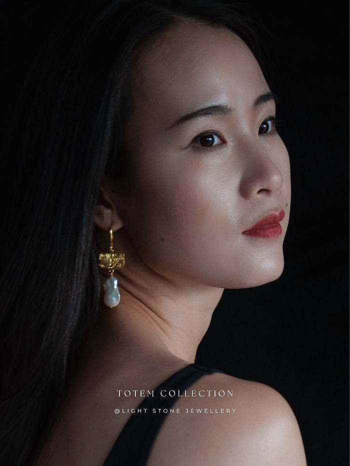 Elegant Golden Phoenix Feather - Totem - Baroque Pearl Silver Earrings
