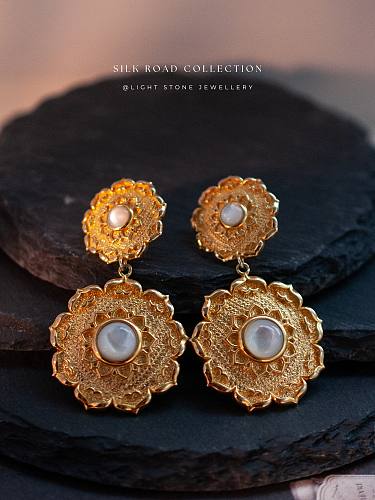 Double Lotus - Silk Road - Mother of Pearl- Luxury Sterling Silver Earrings