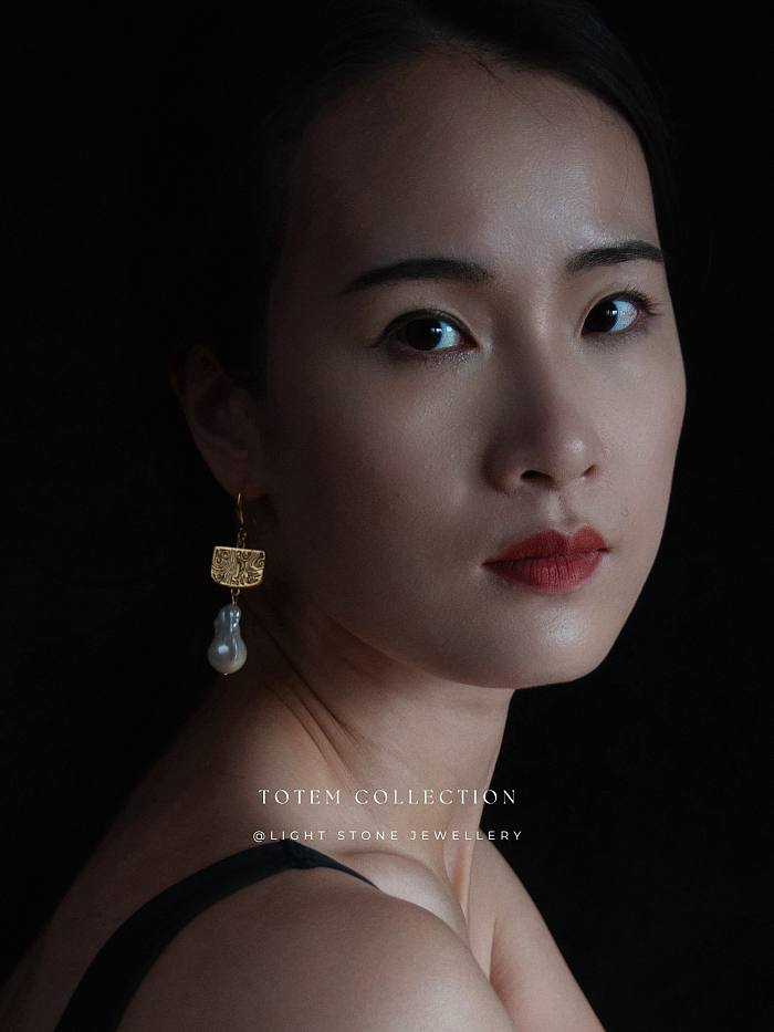 Elegant Golden Phoenix Feather - Totem - Baroque Pearl Silver Earrings