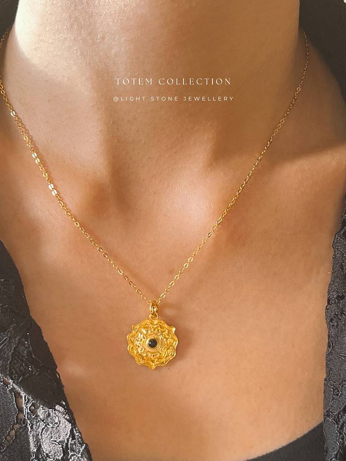 Neolithic Pottery Sunflower - Totem - Sterling Silver Gold Plated Necklace
