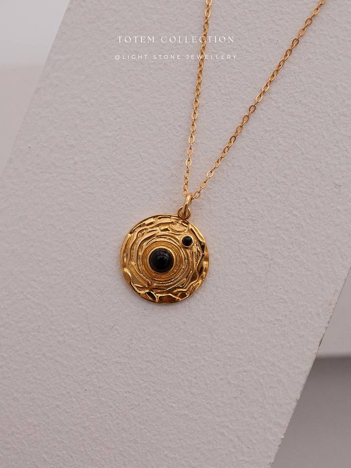 Neolithic Pot Pattern -  Totem - Gold - Plated Silver Necklace with Black Onyx