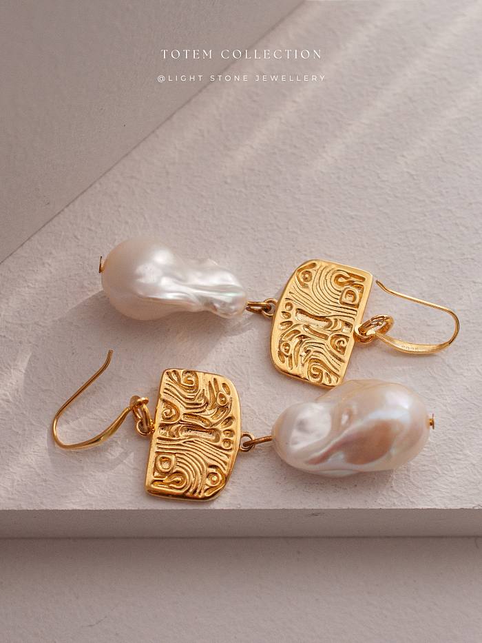 Elegant Golden Phoenix Feather - Totem - Baroque Pearl Silver Earrings