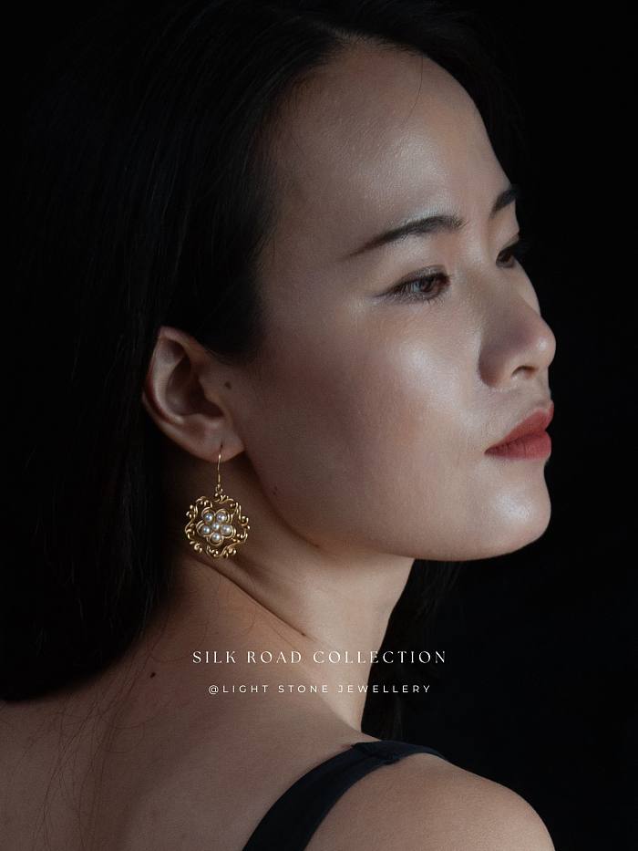 Honeysuckle Flower Hoop - Silk Road - Freshwater Pearls - Luxury Sterling Silver Earrings