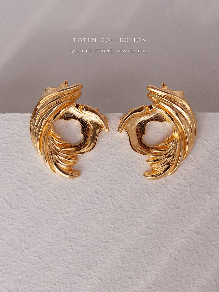 Golden Phoenix Feather - Totem - Silver Stud Silver Earrings