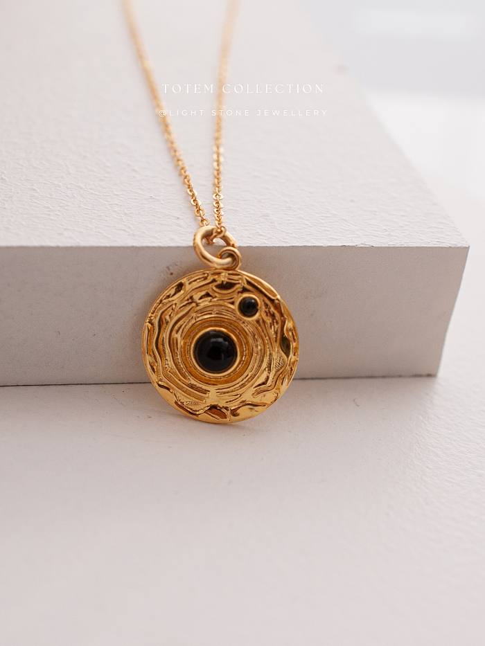 Neolithic Pot Pattern -  Totem - Gold - Plated Silver Necklace with Black Onyx