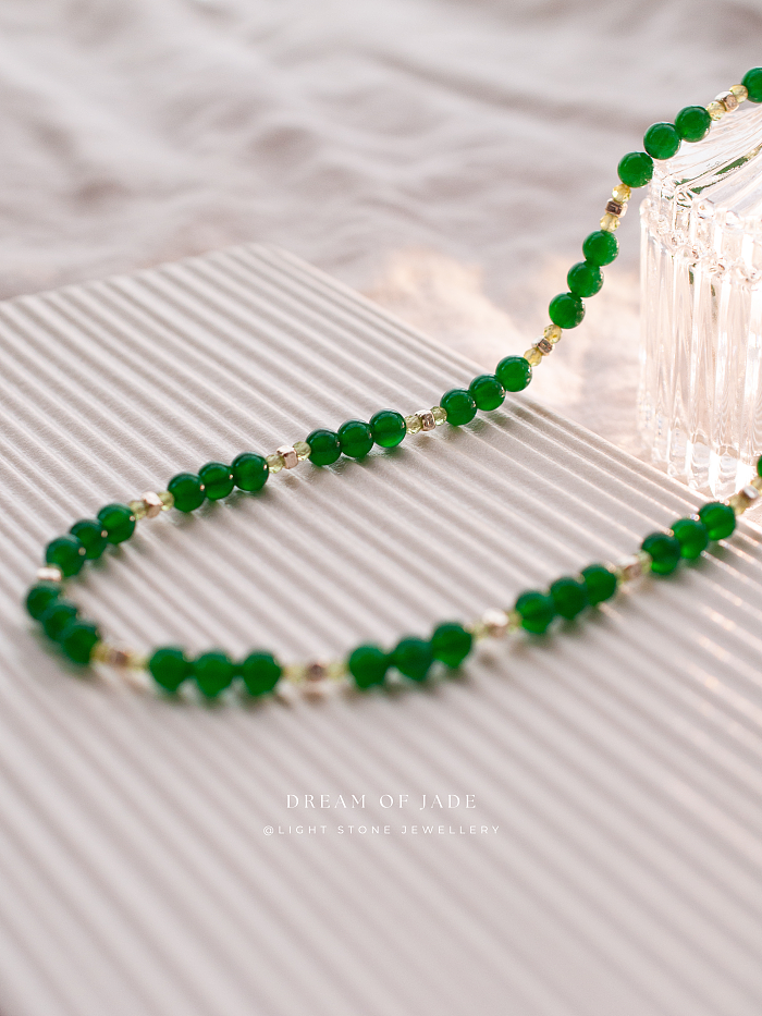 Green Elf Chalcedony Necklace - Handcrafted Jade Beaded Necklace - Green Chalcedony and Phosphorite Beads - Elegant Chinese Jewelry - Light Stone Jewellery