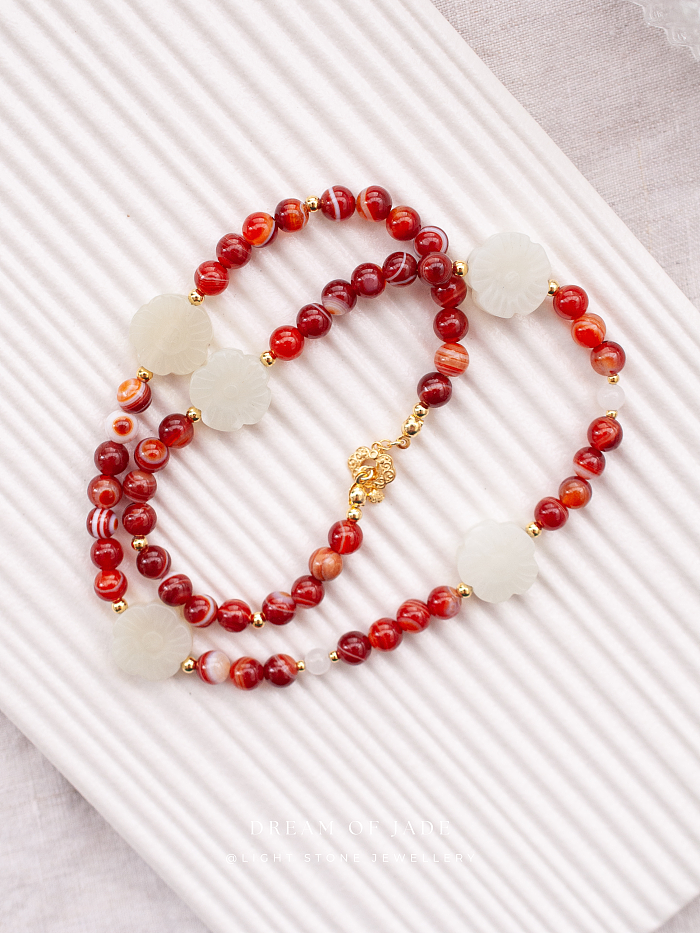 White Plum Flower Red Glow Necklace - Handcrafted Hetian Jade and Red Agate - Gold-Plated 925 Silver - Ruyi-Shaped OT Clasp - Elegant Chinese Jewelry - Light Stone Jewellery