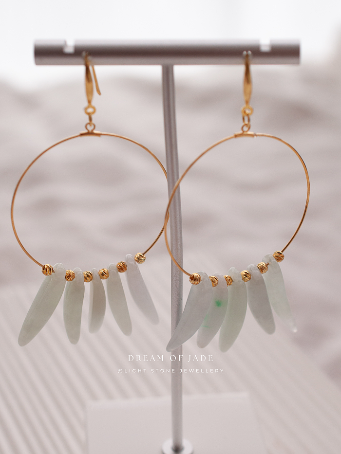Jade Leaves Hetian Jade Hoop Earrings - Handcrafted Gold-Plated 925 Silver Hoops - Elegant Leaf-Shaped Jade - Chic Chinese Jewelry - Light Stone Jewellery