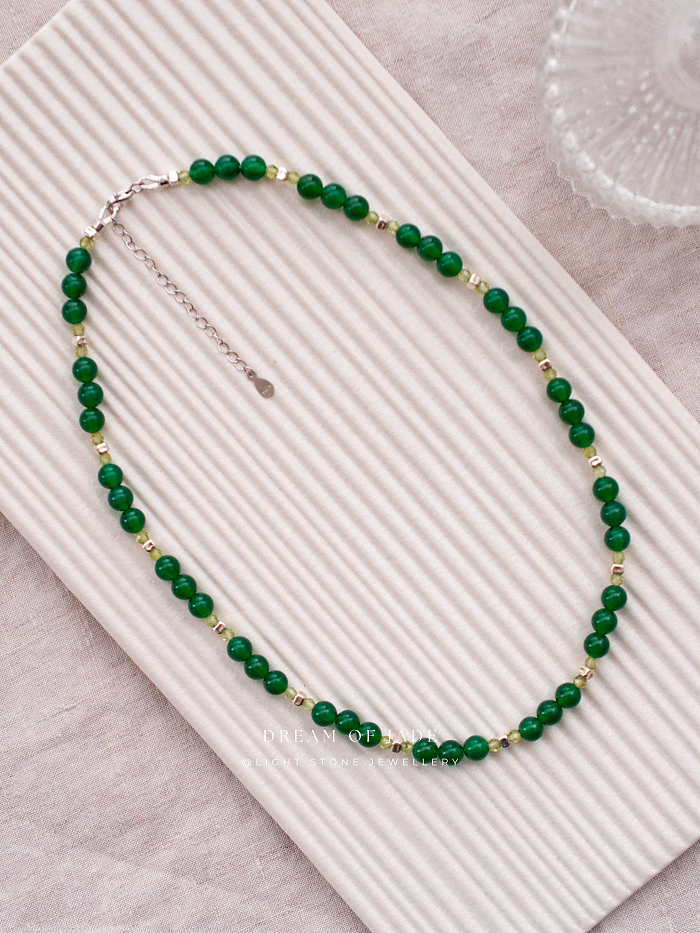 Green Elf Chalcedony Necklace - Handcrafted Jade Beaded Necklace - Green Chalcedony and Phosphorite Beads - Elegant Chinese Jewelry - Light Stone Jewellery