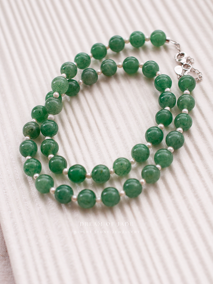 Matcha Green Hetian Jade and Pearl Necklace - Handcrafted Elegance - 8mm Jade Beads and 4mm Pearls - 42cm Length with 5cm Extender - Chic Chinese Jewelry - Light Stone Jewellery