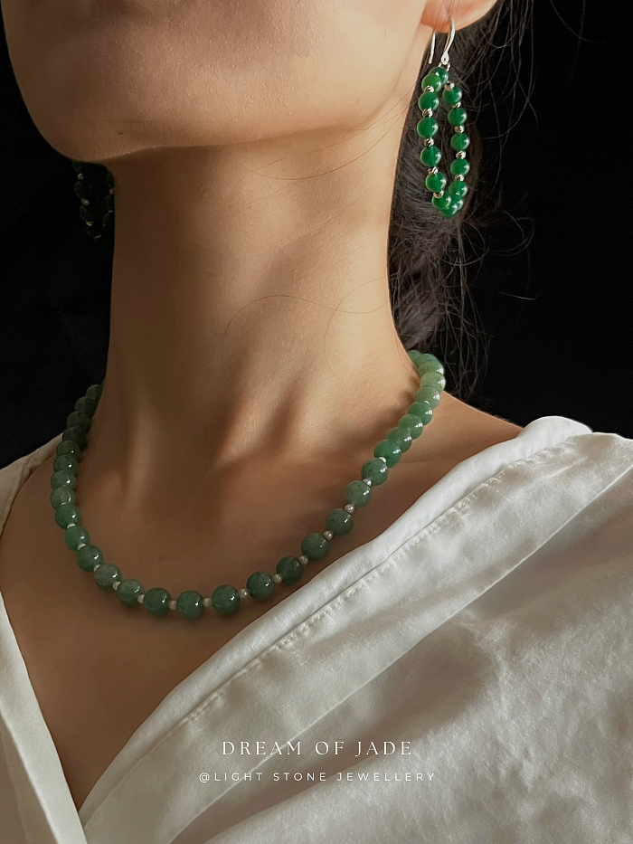 Matcha Green Hetian Jade and Pearl Necklace - Handcrafted Elegance - 8mm Jade Beads and 4mm Pearls - 42cm Length with 5cm Extender - Chic Chinese Jewelry - Light Stone Jewellery