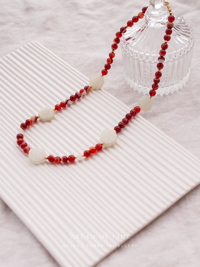 White Plum Flower Red Glow Necklace - Handcrafted Hetian Jade and Red Agate - Gold-Plated 925 Silver - Ruyi-Shaped OT Clasp - Elegant Chinese Jewelry - Light Stone Jewellery