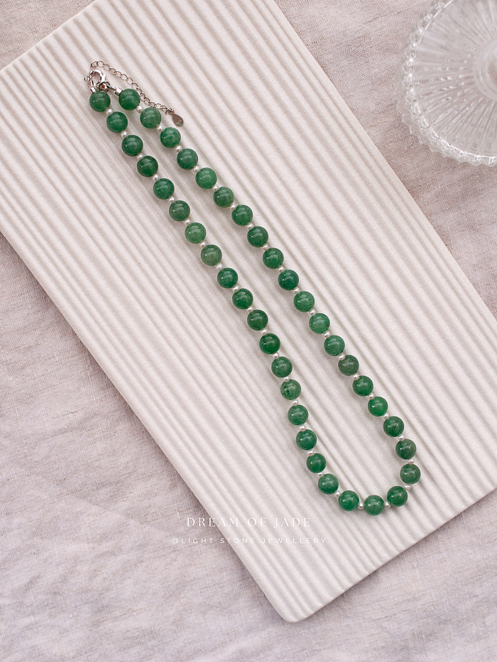 Matcha Green Hetian Jade and Pearl Necklace - Handcrafted Elegance - 8mm Jade Beads and 4mm Pearls - 42cm Length with 5cm Extender - Chic Chinese Jewelry - Light Stone Jewellery