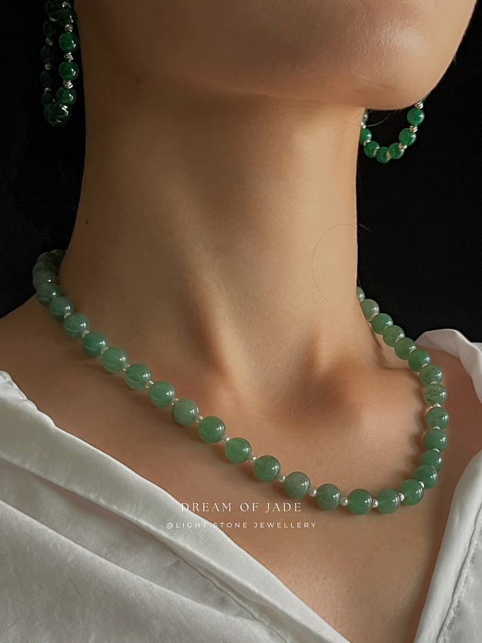 Matcha Green Hetian Jade and Pearl Necklace - Handcrafted Elegance - 8mm Jade Beads and 4mm Pearls - 42cm Length with 5cm Extender - Chic Chinese Jewelry - Light Stone Jewellery