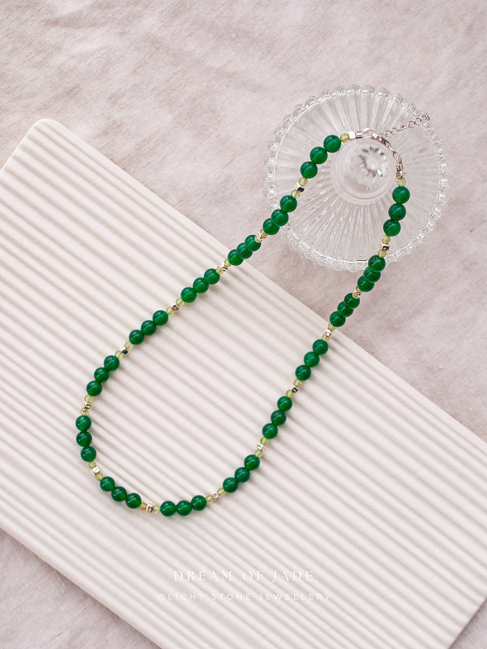 Green Elf Chalcedony Necklace - Handcrafted Jade Beaded Necklace - Green Chalcedony and Phosphorite Beads - Elegant Chinese Jewelry - Light Stone Jewellery