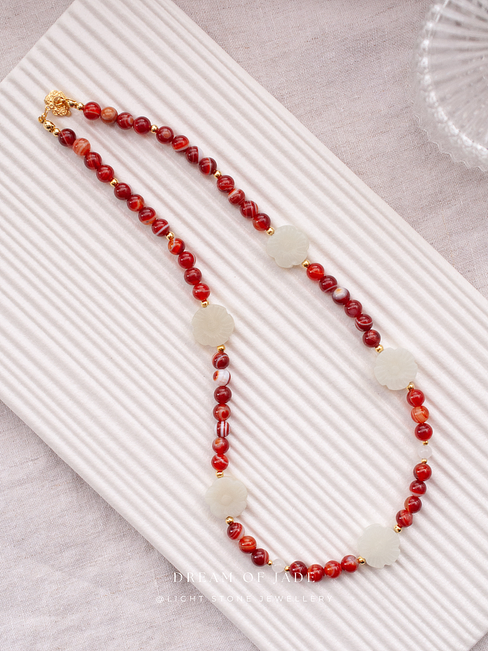 White Plum Flower Red Glow Necklace - Handcrafted Hetian Jade and Red Agate - Gold-Plated 925 Silver - Ruyi-Shaped OT Clasp - Elegant Chinese Jewelry - Light Stone Jewellery