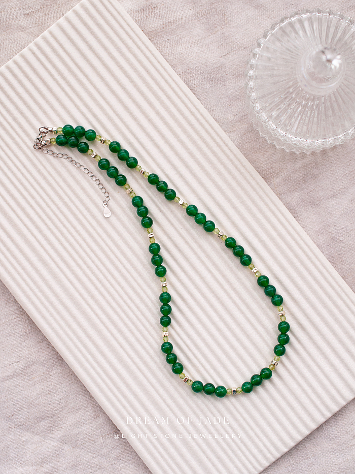 Green Elf Chalcedony Necklace - Handcrafted Jade Beaded Necklace - Green Chalcedony and Phosphorite Beads - Elegant Chinese Jewelry - Light Stone Jewellery