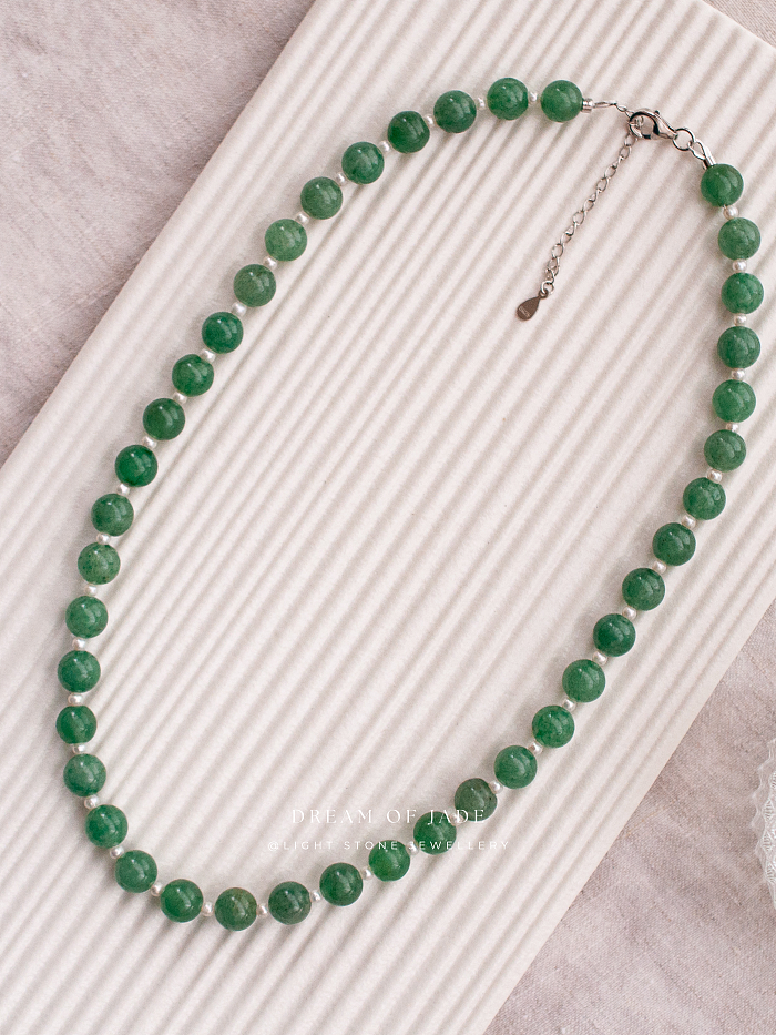 Matcha Green Hetian Jade and Pearl Necklace - Handcrafted Elegance - 8mm Jade Beads and 4mm Pearls - 42cm Length with 5cm Extender - Chic Chinese Jewelry - Light Stone Jewellery