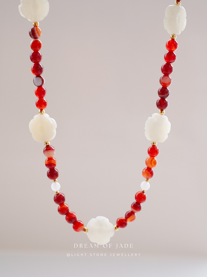 White Plum Flower Red Glow Necklace - Handcrafted Hetian Jade and Red Agate - Gold-Plated 925 Silver - Ruyi-Shaped OT Clasp - Elegant Chinese Jewelry - Light Stone Jewellery