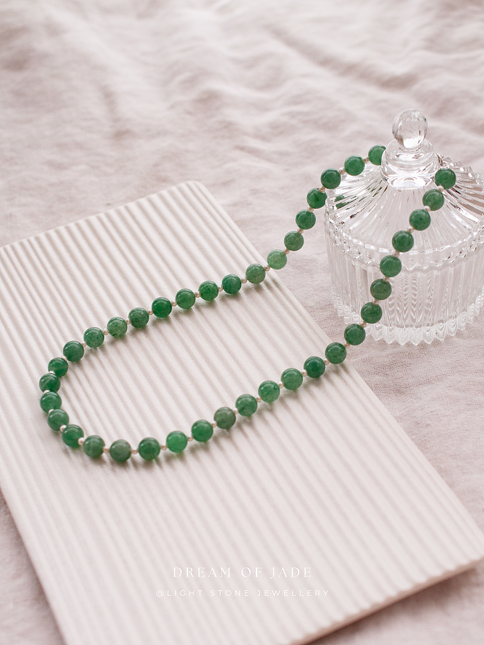 Matcha Green Hetian Jade and Pearl Necklace - Handcrafted Elegance - 8mm Jade Beads and 4mm Pearls - 42cm Length with 5cm Extender - Chic Chinese Jewelry - Light Stone Jewellery