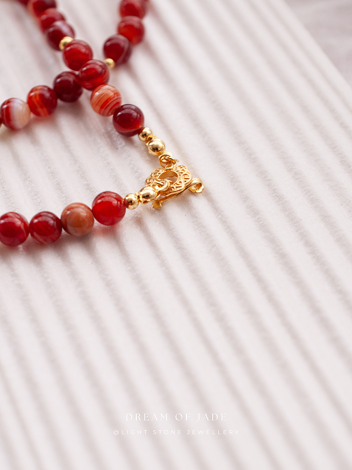 White Plum Flower Red Glow Necklace - Handcrafted Hetian Jade and Red Agate - Gold-Plated 925 Silver - Ruyi-Shaped OT Clasp - Elegant Chinese Jewelry - Light Stone Jewellery