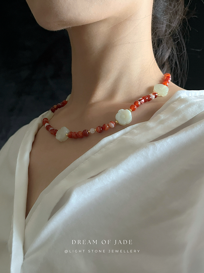 White Plum Flower Red Glow Necklace - Handcrafted Hetian Jade and Red Agate - Gold-Plated 925 Silver - Ruyi-Shaped OT Clasp - Elegant Chinese Jewelry - Light Stone Jewellery