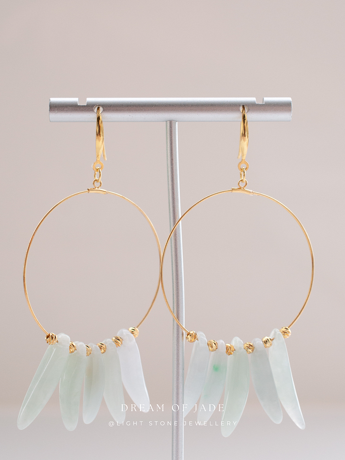 Jade Leaves Hetian Jade Hoop Earrings - Handcrafted Gold-Plated 925 Silver Hoops - Elegant Leaf-Shaped Jade - Chic Chinese Jewelry - Light Stone Jewellery