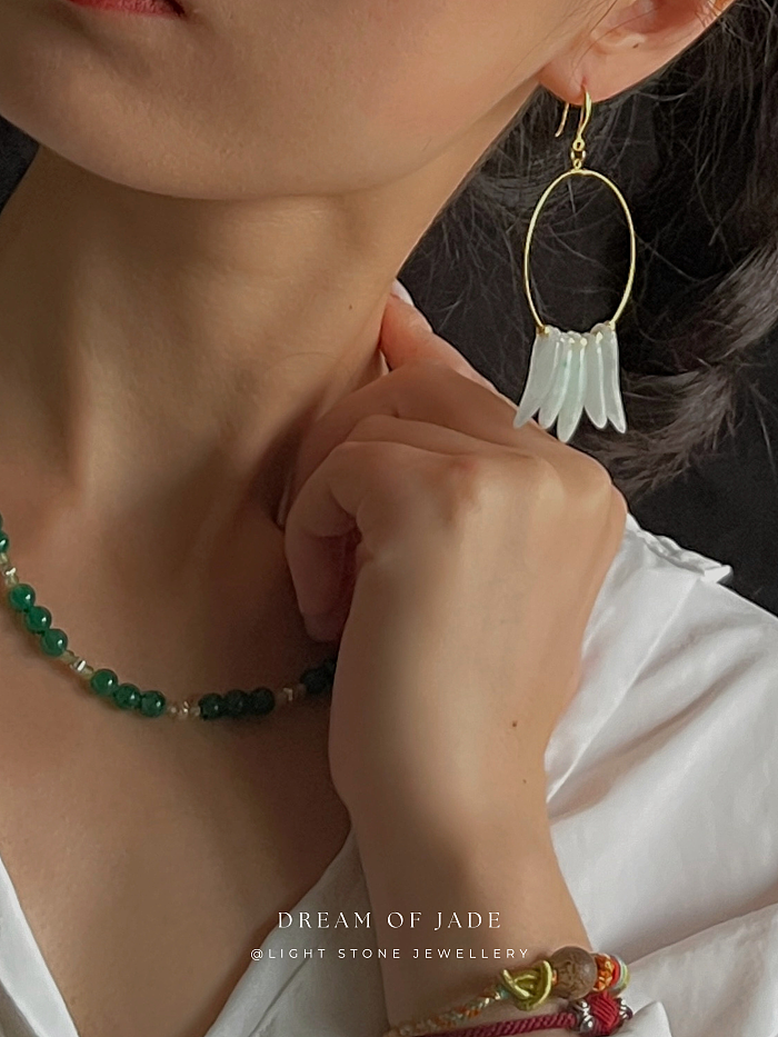Jade Leaves Hetian Jade Hoop Earrings - Handcrafted Gold-Plated 925 Silver Hoops - Elegant Leaf-Shaped Jade - Chic Chinese Jewelry - Light Stone Jewellery