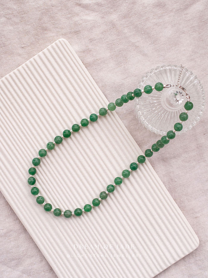 Matcha Green Hetian Jade and Pearl Necklace - Handcrafted Elegance - 8mm Jade Beads and 4mm Pearls - 42cm Length with 5cm Extender - Chic Chinese Jewelry - Light Stone Jewellery