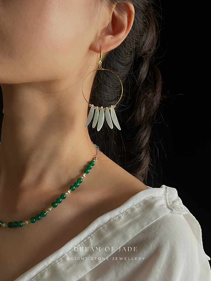 Jade Leaves Hetian Jade Hoop Earrings - Handcrafted Gold-Plated 925 Silver Hoops - Elegant Leaf-Shaped Jade - Chic Chinese Jewelry - Light Stone Jewellery