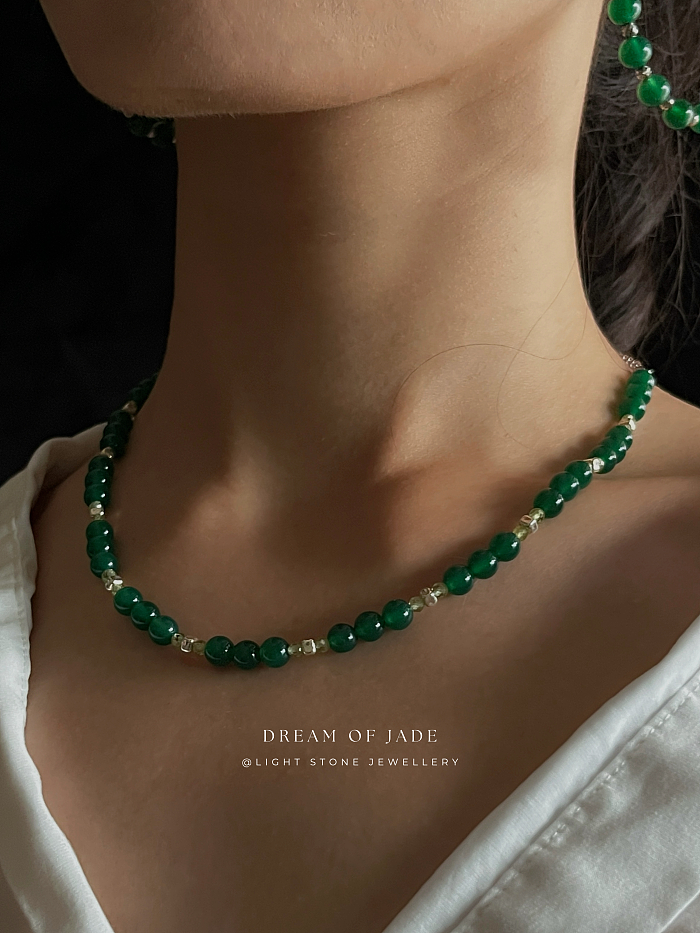 Green Elf Chalcedony Necklace - Handcrafted Jade Beaded Necklace - Green Chalcedony and Phosphorite Beads - Elegant Chinese Jewelry - Light Stone Jewellery