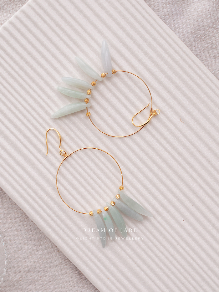 Jade Leaves Hetian Jade Hoop Earrings - Handcrafted Gold-Plated 925 Silver Hoops - Elegant Leaf-Shaped Jade - Chic Chinese Jewelry - Light Stone Jewellery
