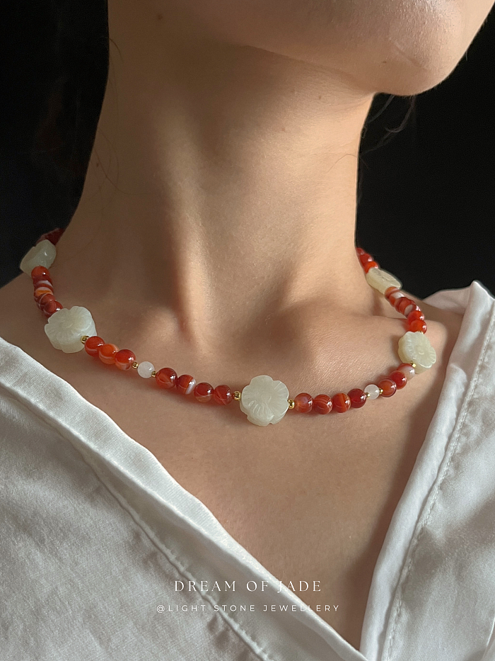 White Plum Flower Red Glow Necklace - Handcrafted Hetian Jade and Red Agate - Gold-Plated 925 Silver - Ruyi-Shaped OT Clasp - Elegant Chinese Jewelry - Light Stone Jewellery