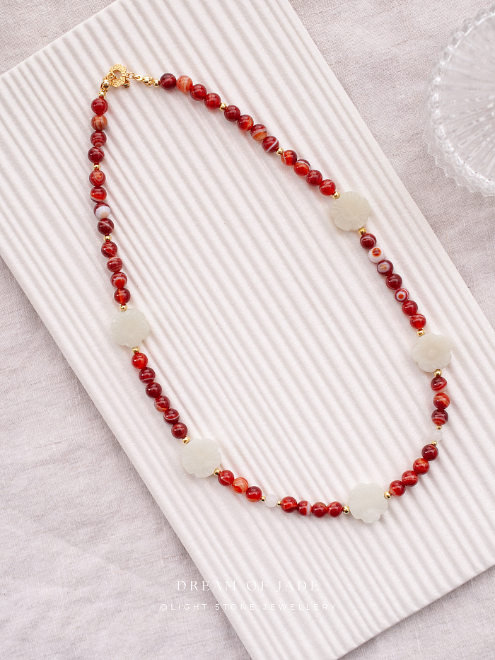 White Plum Flower Red Glow Necklace - Handcrafted Hetian Jade and Red Agate - Gold-Plated 925 Silver - Ruyi-Shaped OT Clasp - Elegant Chinese Jewelry - Light Stone Jewellery