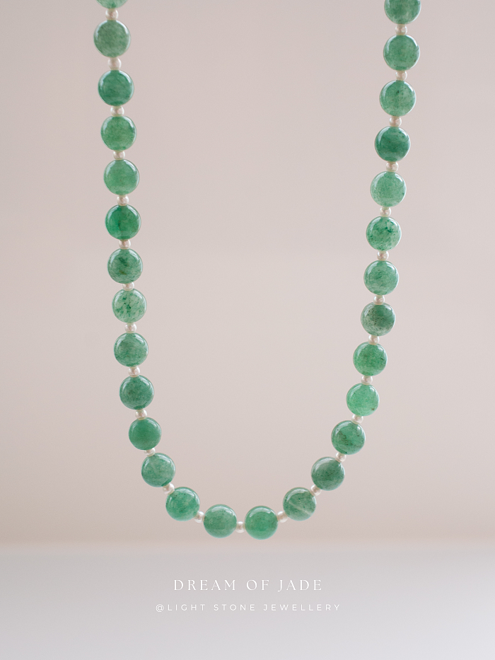 Matcha Green Hetian Jade and Pearl Necklace - Handcrafted Elegance - 8mm Jade Beads and 4mm Pearls - 42cm Length with 5cm Extender - Chic Chinese Jewelry - Light Stone Jewellery