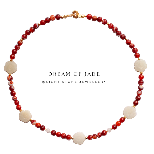 White Plum Flower Red Glow｜White Hetian Jade and Red Agate Necklace｜Beaded Necklace